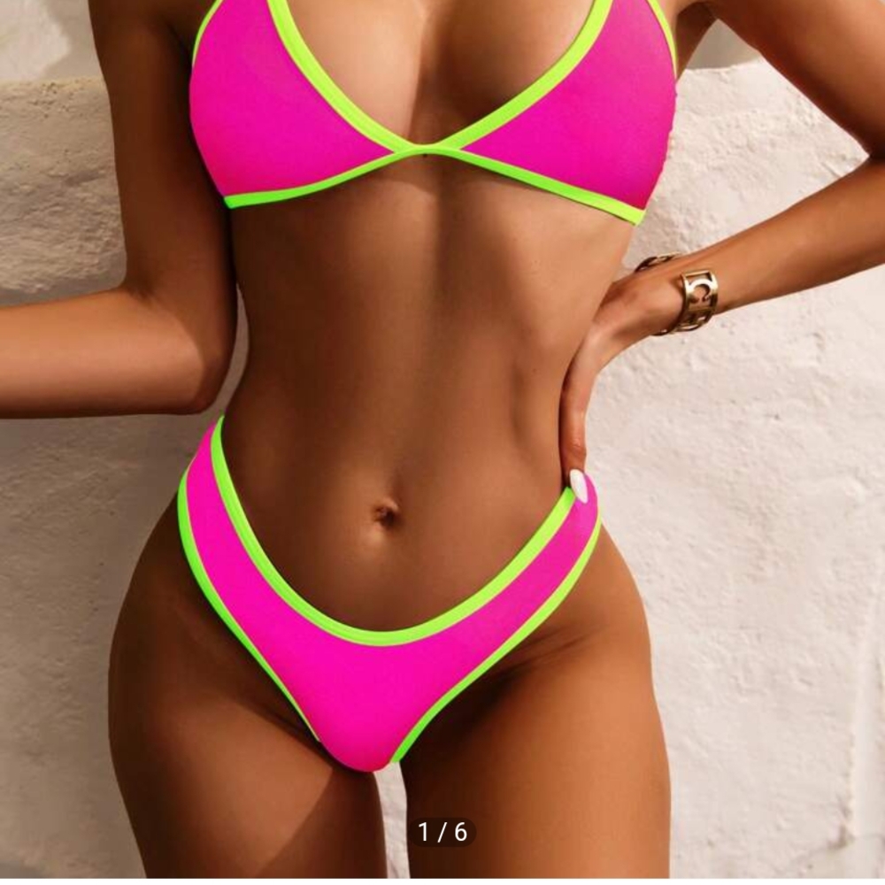 SHEIN Pink and Green Bikini Sporty Color Block Design